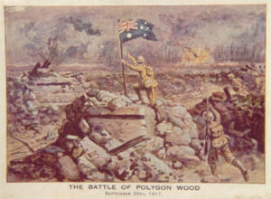 Victory. Lt AVL Hull of the 18th Battalion AIF, plants the Australian flag on a German Pillbox as Australian forces overrun Anzac Redoubt, on the Menin Road, during the famous battle of Polygon Wood (Belgium) in WW1. This dramatic incident took place at 7:15 AM on September 20th 1917. Lt Hull was killed in action three weeks later. This picture was used as a Christmas and New Year's Greetings card in 1917-18.